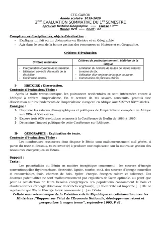Première page de Histoire-Géographie 3e — 2e évaluation sommative, 1er semestre (2019-2020) · CEG GAROU
