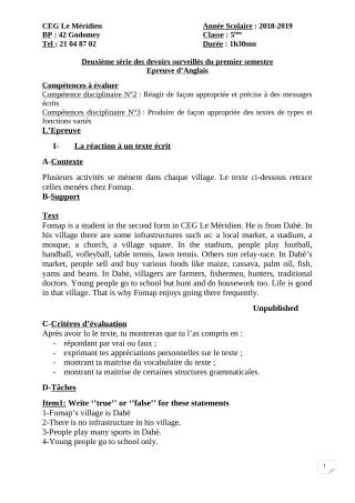 Première page de Anglais 5e — 2e devoir surveillé, 1er semestre (2018-2019) · CEG Le Méridien