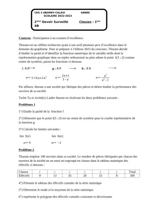 Première page de Mathématiques 1ère A & B — Devoir surveillé (2022-2023) · CEG2 ABOMEY - CALAVI (CEG ZOCA)