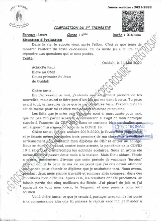 Première page de Français 6e — 2e composition, 1er trimestre (2021-2022) · CPEG ROSAIRE
