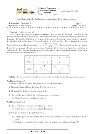 Première page de Mathématiques Tle A2 — 2e évaluation sommative, 1er semestre (2017-2018) · CEG C.P de Dompago