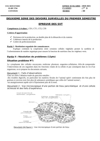 Première page de SVT 2nde D — 2e devoir surveillé, 1er semestre (2020-2021) · CEG HOUEYIHO