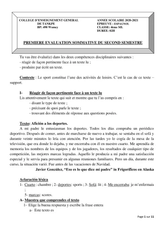 Première page de Espagnol 4e, 3e ML, 2nde A2, 2nde B, 1ère A2, 1ère B, Tle A1, Tle A2, Tle B — 1re évaluation sommative, 2e semestre (2020-2021) · CEG Tankpè