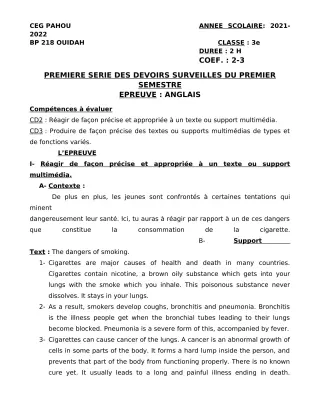 Première page de Anglais 3e — 1er devoir surveillé, 1er semestre (2021-2022) · CEG PAHOU