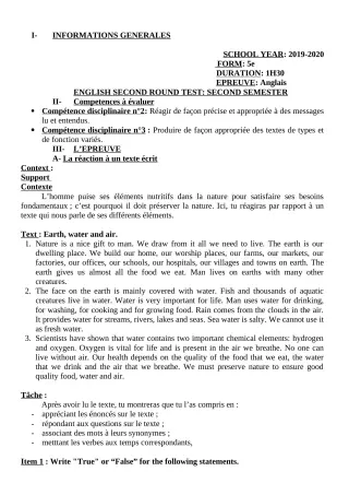 Première page de Devoir surveillé de ANGLAIS — 5e — CEG Sô-Ava (2019)