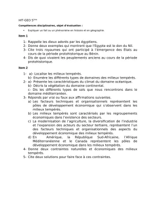 Première page de Devoir surveillé de HIST-GEO — 5e — CEG BAKA (2018)