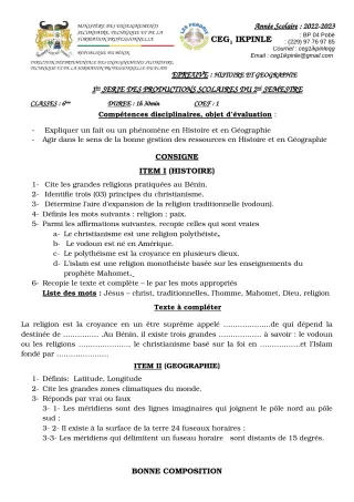 Première page de Histoire-Géographie 6e — 1re production scolaire, 2e semestre (2022-2023) · CEG1 Ikpinlè