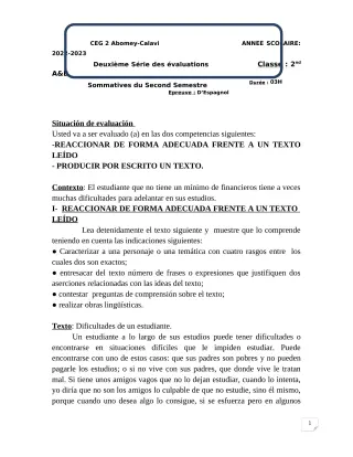 Première page de Espagnol 2nde A & B — 2e évaluation sommative, 2e semestre (2022-2023) · CEG2 ABOMEY - CALAVI (CEG ZOCA)