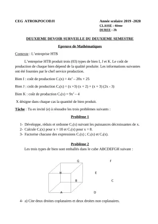 Première page de Mathématiques 4e ML — 2e devoir surveillé, 2e semestre (2019-2020) · CEG ATROKPOCODJI