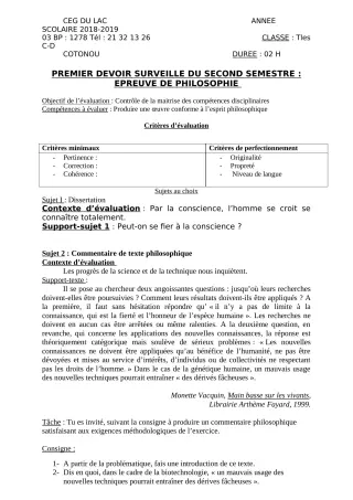 Première page de Philosophie Tle C, Tle D — 1er devoir surveillé, 2e semestre (2018-2019) · CEG du Lac