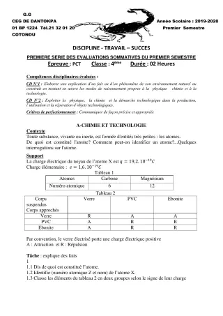 Première page de PCT 4e, 2nde C, 2nde D — Interrogation, 1er semestre (2019-2020) · CEG Dantokpa