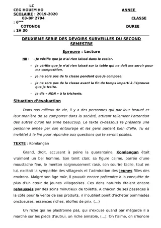 Première page de Français 6e — 2e devoir surveillé, 2e semestre (2019-2020) · CEG HOUEYIHO