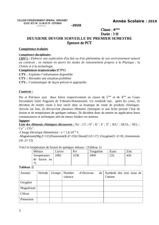 Première page de PCT 4e, 4e ML — 2e devoir surveillé, 1er semestre (2019-2020) · CEG GBEGAMEY