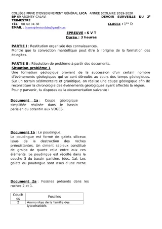 Première page de SVT 1ère C, 1ère D — 1er devoir surveillé (2019-2020) · CPEG LICA
