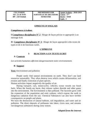 Première page de Anglais 5e — Devoir surveillé, 2e semestre (2018-2019) · CEG PAHOU