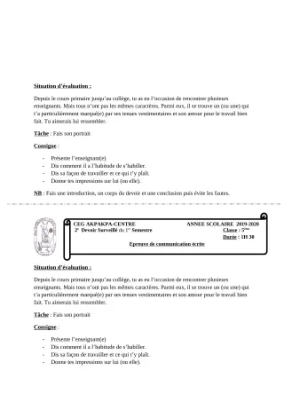 Première page de Français 5e — 2e devoir surveillé, 1er semestre (2019-2020) · CEG 1 Akpakpa-Centre