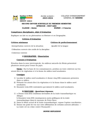Première page de Histoire-Géographie 4e — 2e devoir surveillé, 1er semestre (2023-2024) · CEG SEKERE