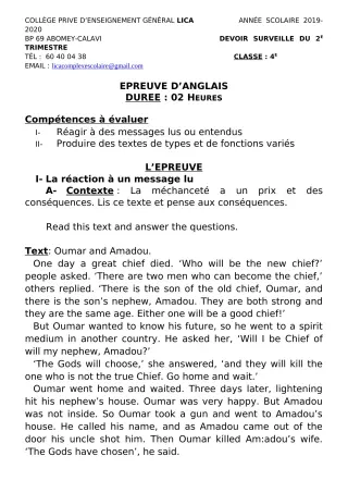 Première page de Anglais 4e, 4e ML — Devoir surveillé, 1er trimestre (2019-2020) · CPEG LICA