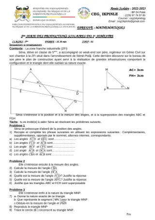 Première page de Mathématiques 5e — 2e production scolaire, 1er semestre (2022-2023) · CEG1 Ikpinlè