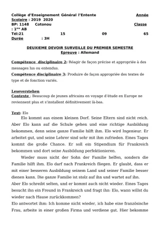 Première page de Allemand 1ère A2, 1ère B — 2e devoir surveillé, 1er semestre (2019-2020) · CEG L'Entente