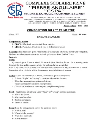 Première page de Anglais 6e — Composition, 2e trimestre (2019-2020) · CPEG PIERRE ANGULAIRE