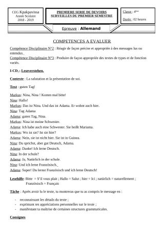 Première page de Allemand 4e ML&MC, 3e ML — 1er devoir surveillé, 1er semestre (2018-2019) · CEG Kpakpavissa