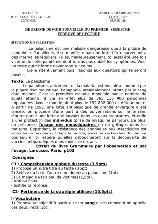 Première page de Français 4e — 2e devoir surveillé, 1er semestre (2020-2021) · CEG du Lac