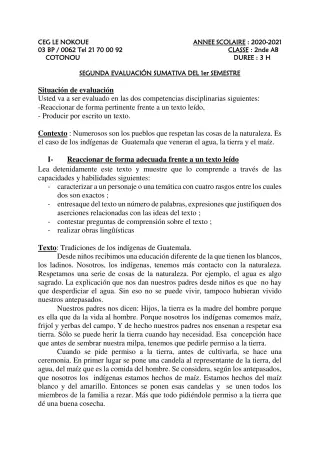 Première page de Espagnol 2nde A1, 2nde A2, 2nde B — 1er semestre (2020-2021) · CEG LE NOKOUE
