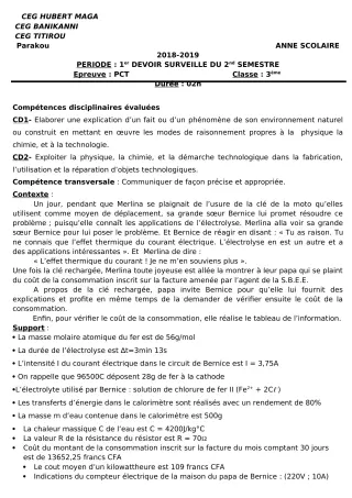 Première page de PCT 3e, 3e ML — 1er devoir surveillé, 2e semestre (2018-2019) · CEG Hubert C. MAGA