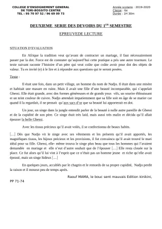 Première page de Français 6e, 5e, 4e, 4e ML, 3e, 3e ML — 2e devoir surveillé, 1er semestre (2019-2020) · CEG Tori-Bossito Centre