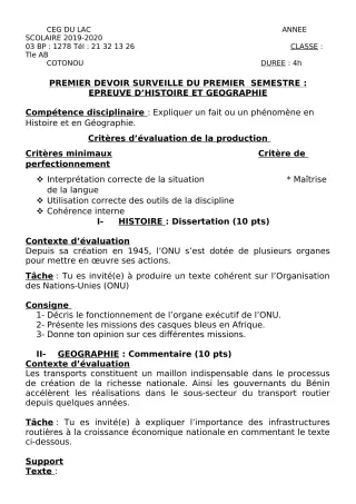 Première page de Histoire-Géographie Tle A2, Tle B — 1er devoir surveillé, 1er semestre (2019-2020) · CEG du Lac