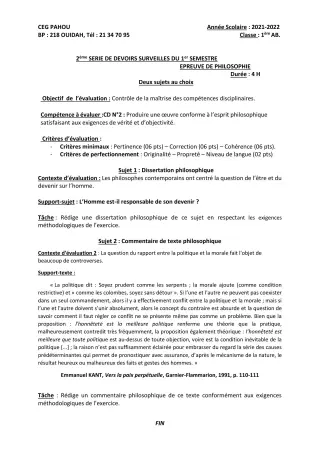 Première page de Philosophie 1ère A1, 1ère A2, 1ère B — 2e devoir surveillé, 1er semestre (2021-2022) · CEG PAHOU