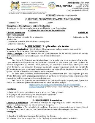 Première page de Histoire-Géographie 4e — 1re production scolaire, 2e semestre (2022-2023) · CEG1 Ikpinlè