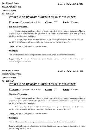 Première page de Français 3e ML — 2e devoir surveillé, 1er semestre (2018-2019) · CEG SONSORO