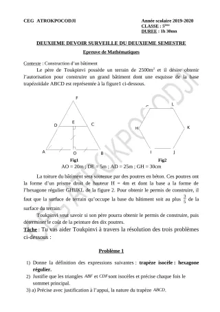 Première page de Mathématiques 5e — 2e devoir surveillé, 2e semestre (2019-2020) · CEG ATROKPOCODJI