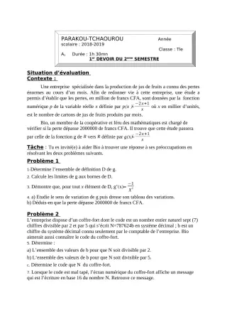 Première page de Mathématiques Tle A & B — 1er devoir surveillé, 2e semestre (2018-2019) · CEG Banikanni