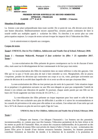 Première page de Français 2nde A2, 2nde D — 1er devoir surveillé, 2e semestre (2023-2024) · CEG SEKERE