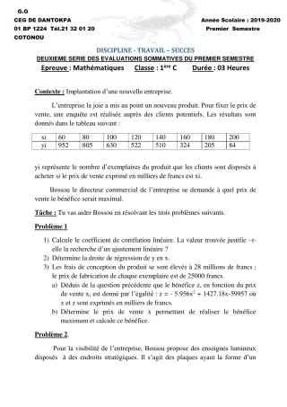 Première page de Mathématiques 1ère C — 2e évaluation sommative, 1er semestre (2019-2020) · CEG Dantokpa