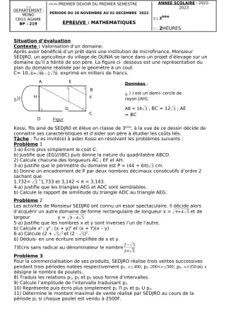 Première page de Mathématiques 3e — 1er devoir surveillé, 1er semestre (2022-2023) · CEG1 AGAME