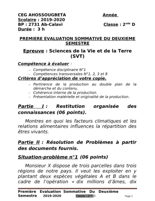 Première page de SVT 2nde D — 1re évaluation sommative, 2e semestre (2019-2020) · CEG Ahossougbéta