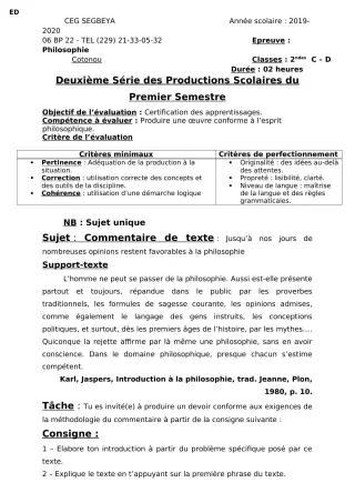 Première page de Philosophie 2nde A & B, 2nde B, 2nde C, 2nde D, 1ère A2, 1ère B, 1ère C, 1ère D, Tle A1, Tle A2, Tle B, Tle C, Tle D — 2e production scolaire, 1er semestre (2019-2020) · CEG SEGBEYA