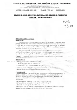 Première page de Mathématiques Tle B — 2e devoir surveillé, 2e trimestre (2019-2020) · CEG ADJOVICODJI 'LES OLIVIERS'