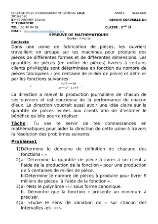 Première page de Mathématiques 2nde C, 2nde D — Devoir surveillé, 2e trimestre (2019-2020) · CPEG LICA