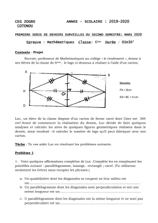 Première page de Mathématiques 6e — 1er devoir surveillé, 2e semestre (2019-2020) · CEG ZOGBO