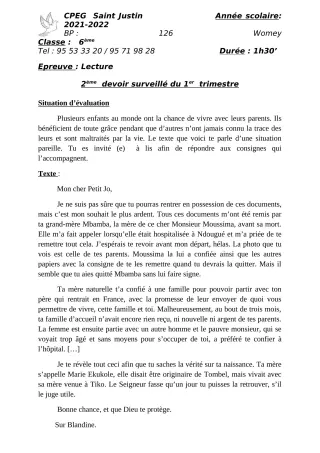 Première page de Français 6e — 2e devoir surveillé, 1er trimestre (2021-2022) · CPEG SAINT Justin