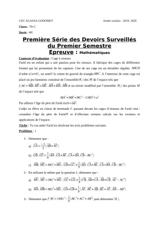 Première page de Mathématiques Tle C — 1er devoir surveillé, 1er semestre (2019-2020) · CEG Agassa Godomey