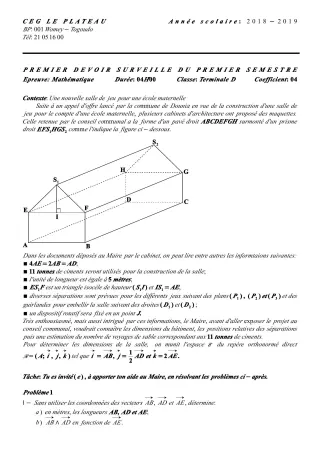 Première page de Mathématiques Tle D — 1er devoir surveillé, 1er semestre (2018-2019) · CEG Le Plateau