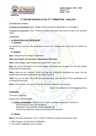Première page de Anglais 5e — 1er devoir surveillé, 2e trimestre (2019-2020) · CPEG LE PHARAON