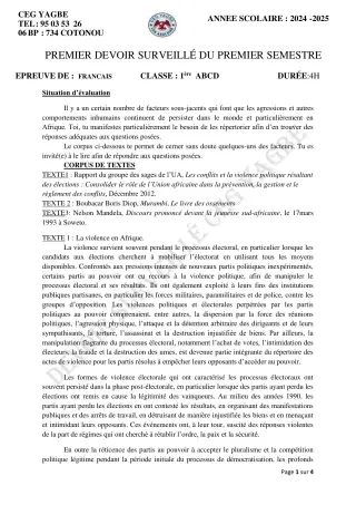 Première page de Français 1ère A2, 1ère B, 1ère C, 1ère D — 1er devoir surveillé, 1er semestre (2024-2025) · CEG Yagbe