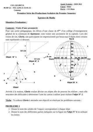 Première page de Mathématiques 6e, Tle C — 1re production scolaire, 1er semestre (2020-2021) · CEG SEGBEYA